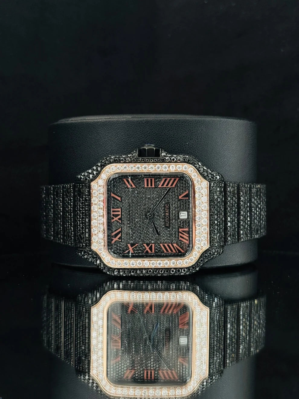Men's Roman Number Black & White Moissanite Diamond Watch