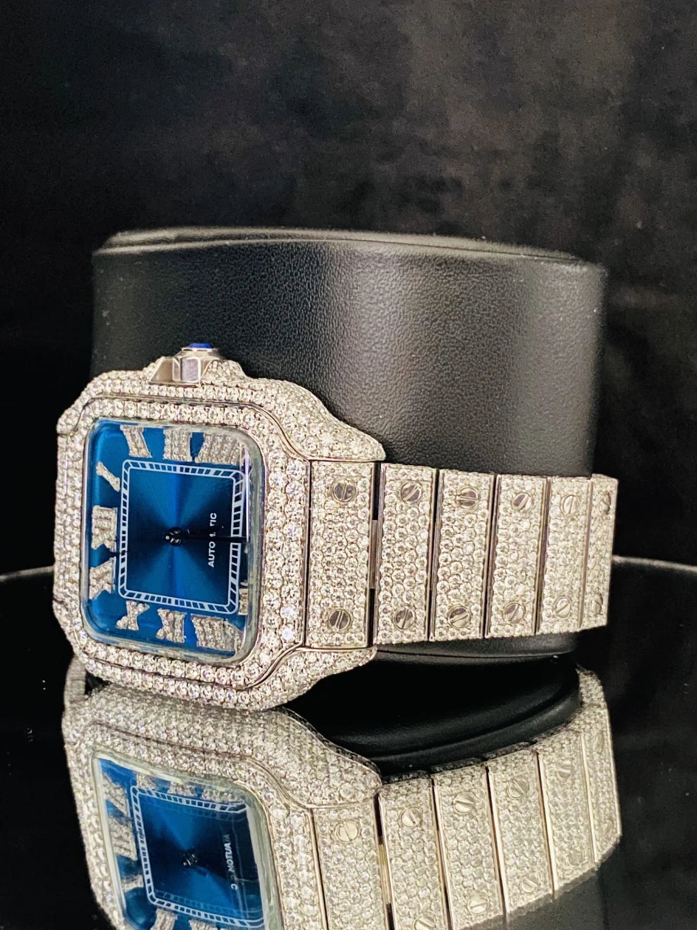 Roman Number Aqua Blue Dial Ice Out Moissanite Watch