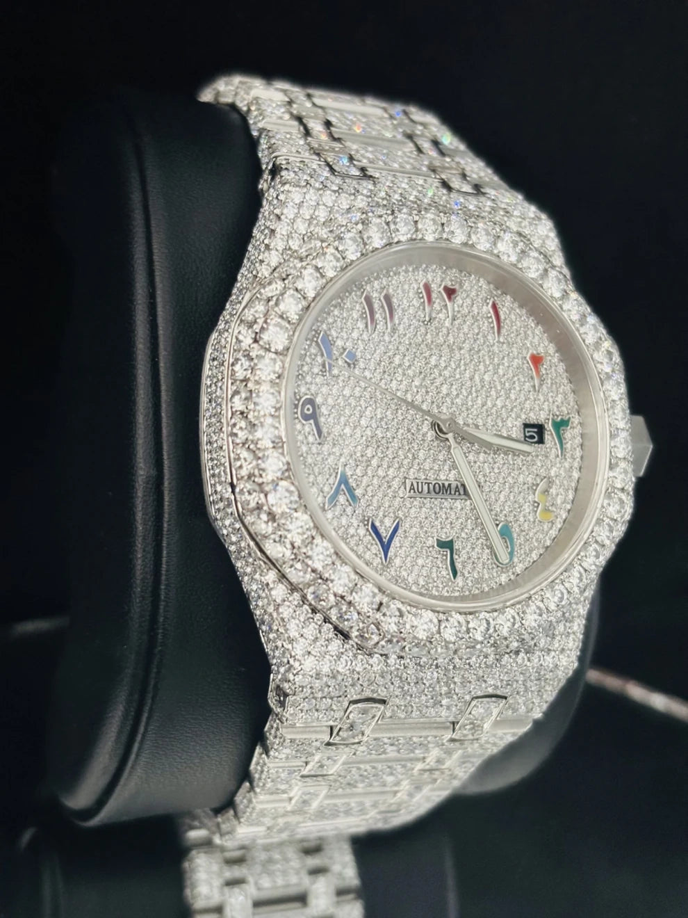 Fully Iced Out Colorful Arabic Dial VVS Moissanite Watch