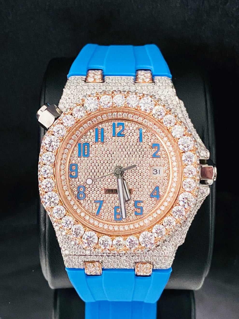 Fully Face Dial Sky Blue Silicon Strap Moissanite Watch