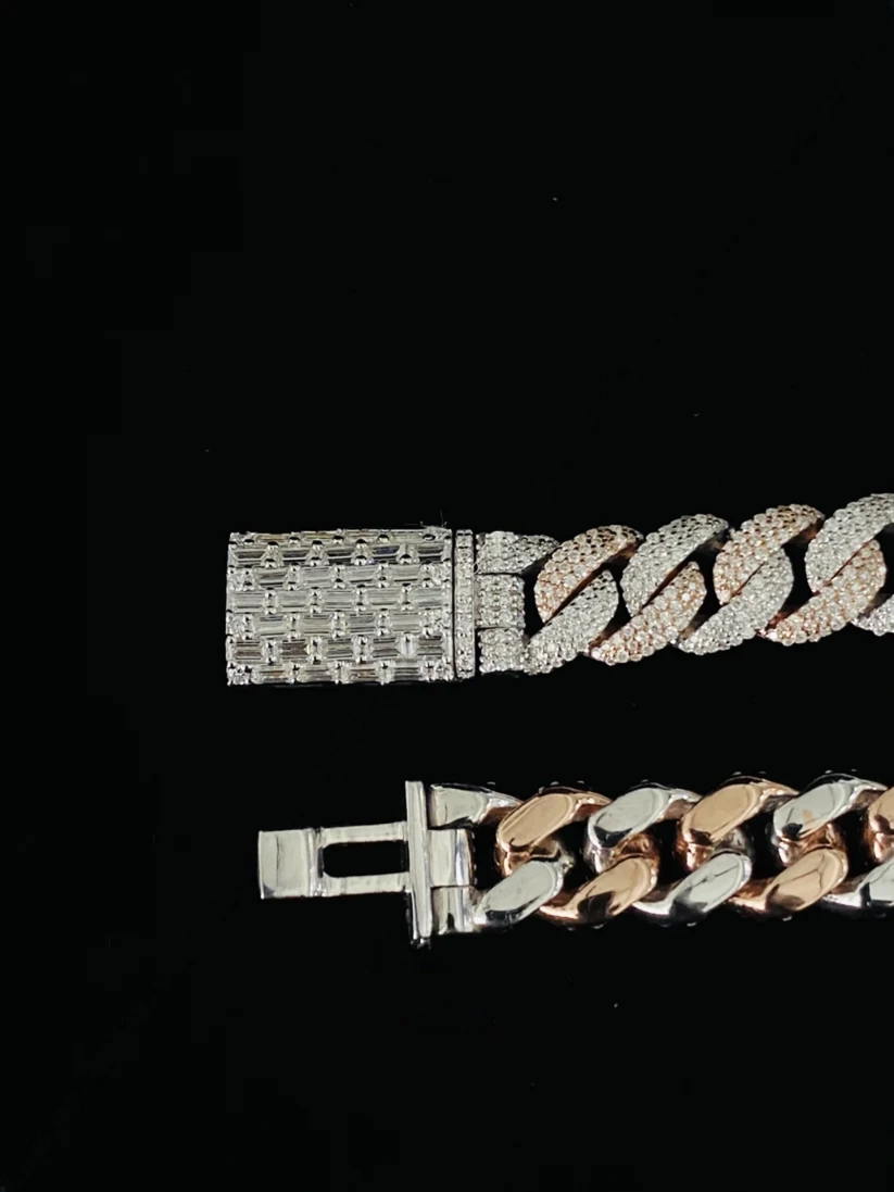 Diamond iced out and plain two-tone gold Cuban link chains
