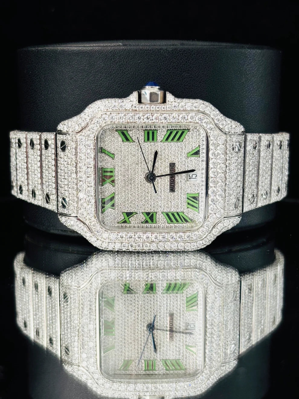 Fully Bust Down Roman Dial Stainless Steel Moissanite Watch