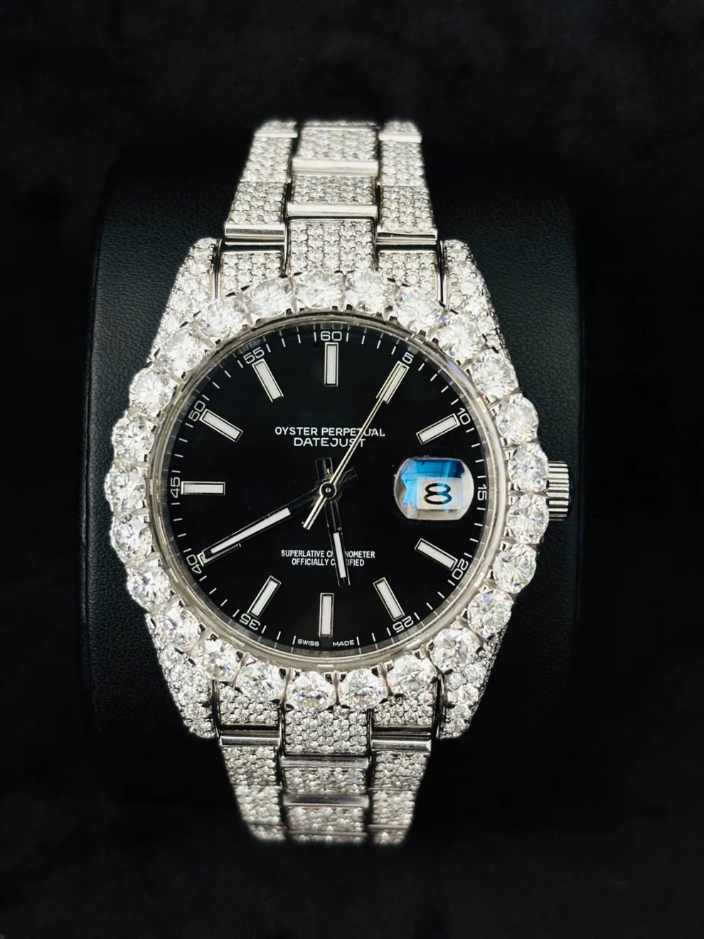41MM Big Bezel White Bar Black Dial Moissanite Watch