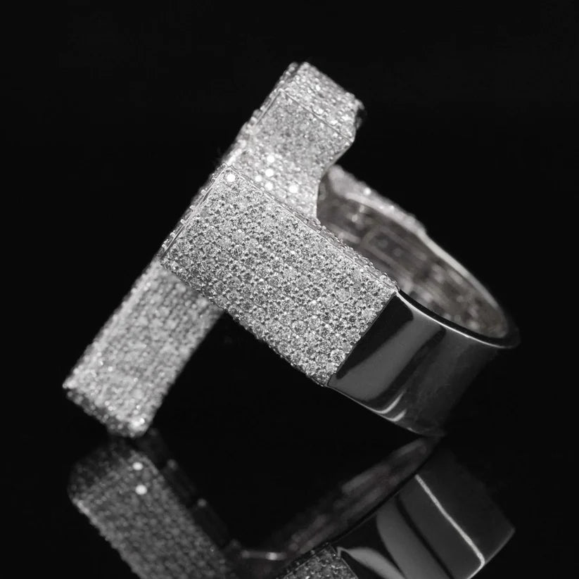 Men's custom initial T diamond ring in white gold with pave setting