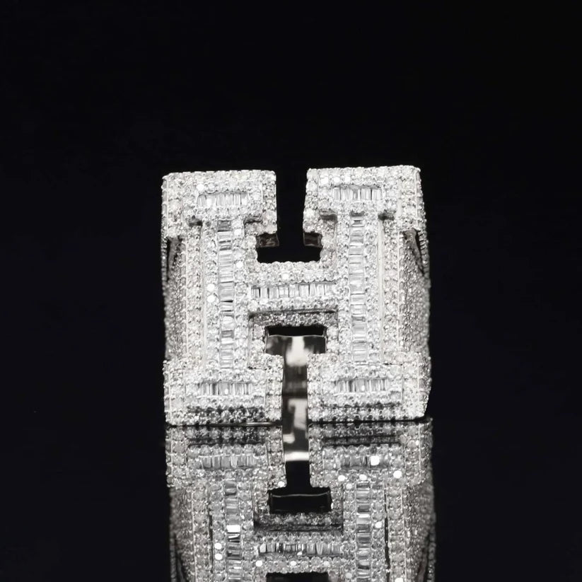 front view of the Diamond initial H block ring with baguette and round stones