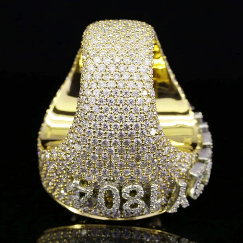back view of the silver pave diamond championship style ring with custom numbers