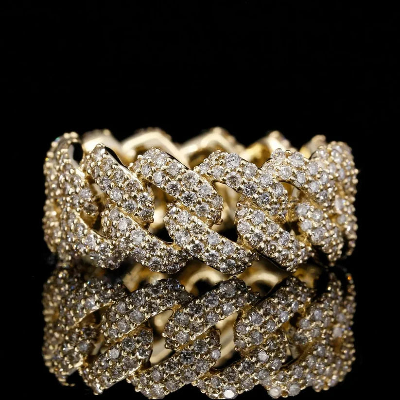 front view of the Silver iced out Cuban link ring reflecting 