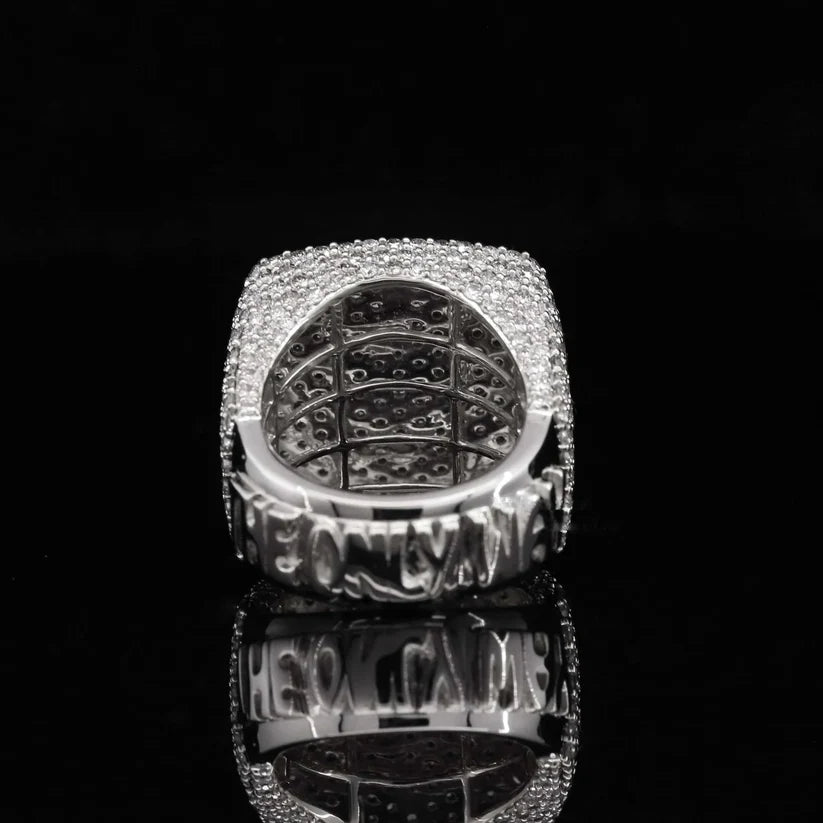 back view of the Mens iced out sterling silver ring with engraved custom text