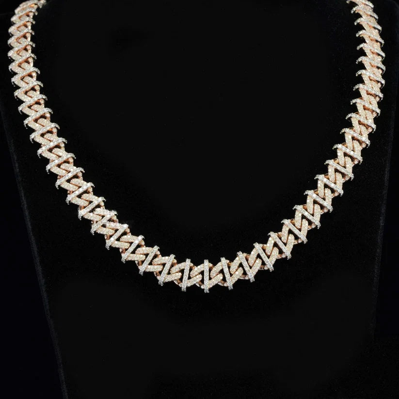 front view of the Luxury iced-out gold X-link chain necklace set with micro-pave diamonds