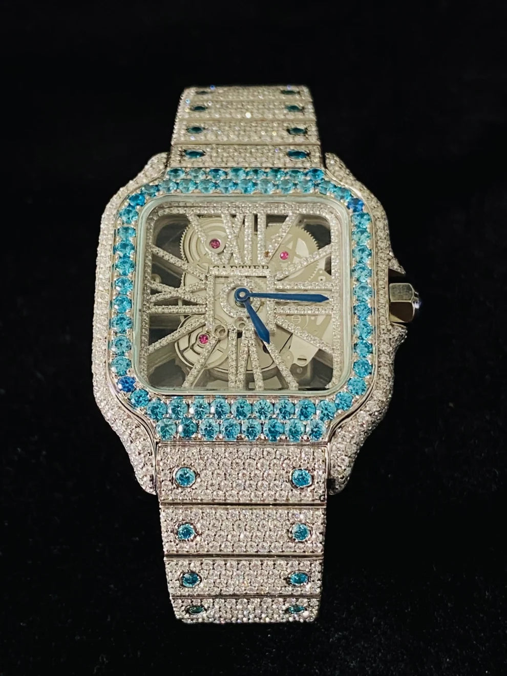 Luxury Skeleton Dial VVS Sky Blue Moissanite Diamond Watch