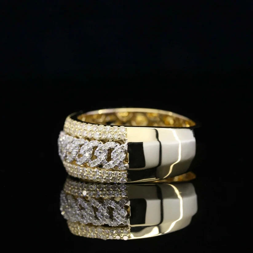 Mens gold diamond Cuban link ring with half polished band and pavé settings 