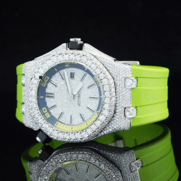Parrot Green Silicon Straps Moissanite Bust Down Diamond Watch