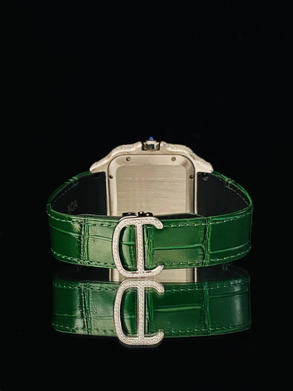 Dark Green Lather Belt Moissanite Roman Number Watch