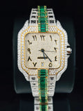 Mens Two Tone Arabic Number Green & White Moissanite Watch
