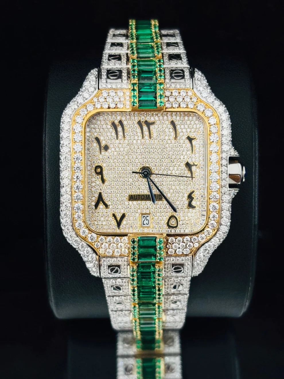 Mens Two Tone Arabic Number Green & White Moissanite Watch