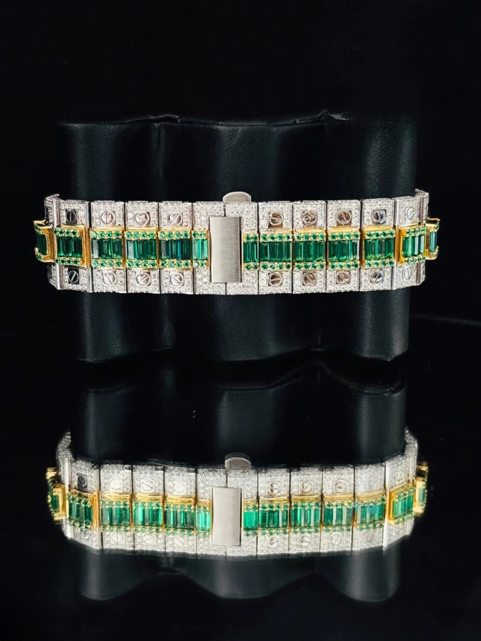 Mens Two Tone Arabic Number Green & White Moissanite Watch