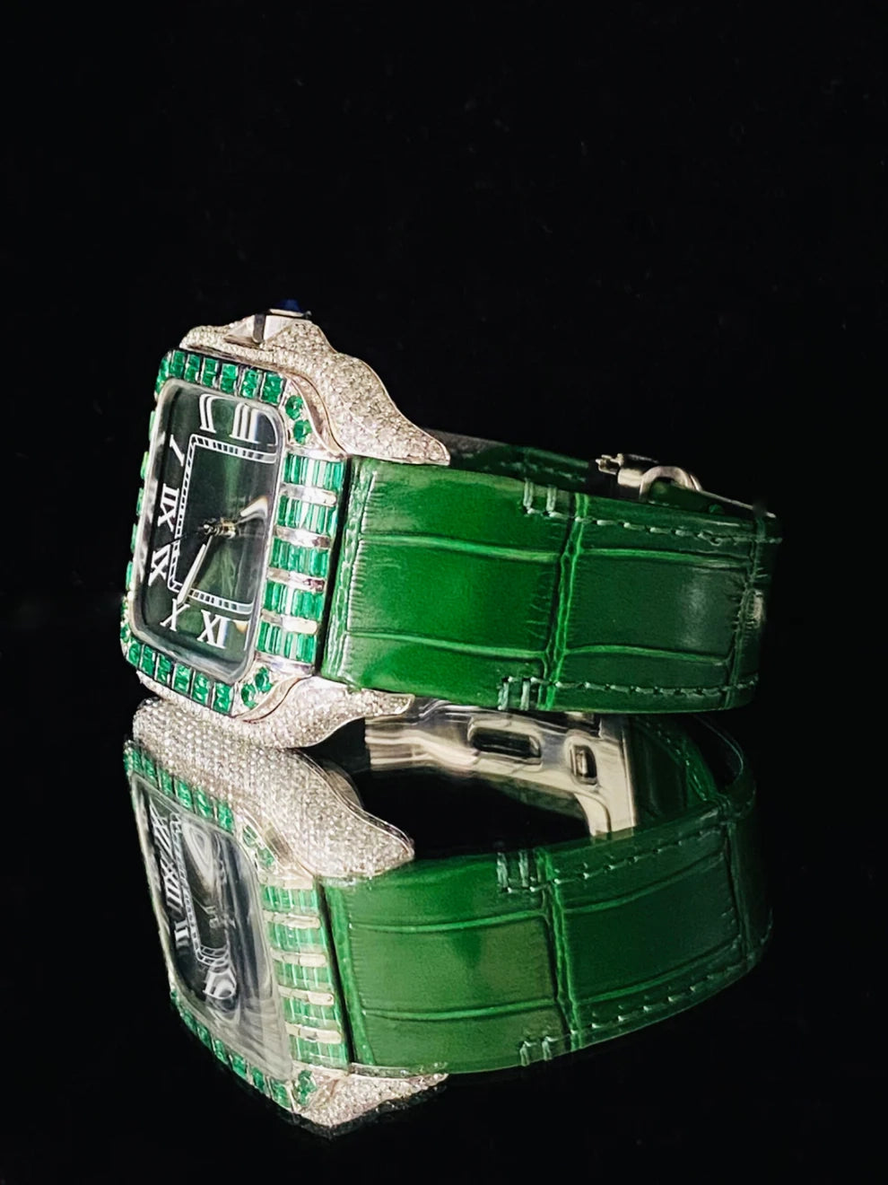 Dark Green Lather Belt Moissanite Roman Number Watch