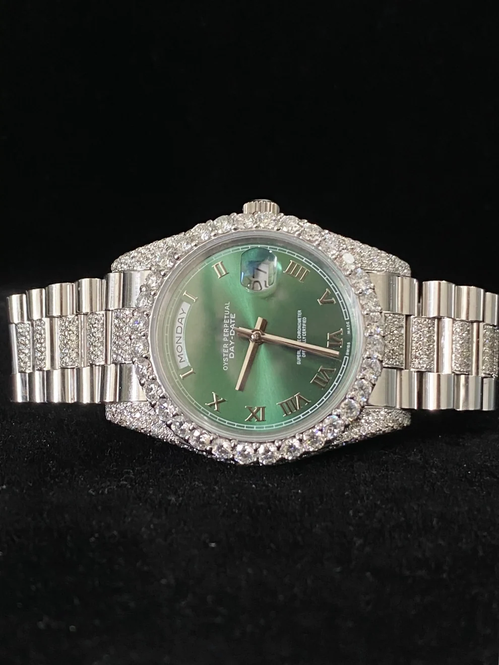 Elegant Olive Green Dial Presidential Strap Moissanite Watch