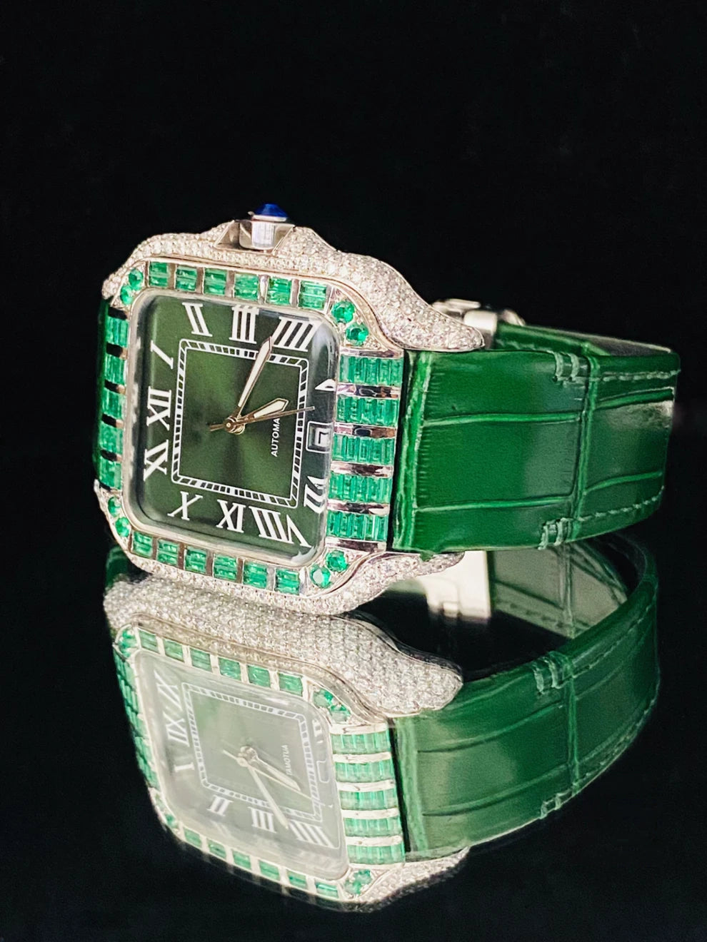 Dark Green Lather Belt Moissanite Roman Number Watch