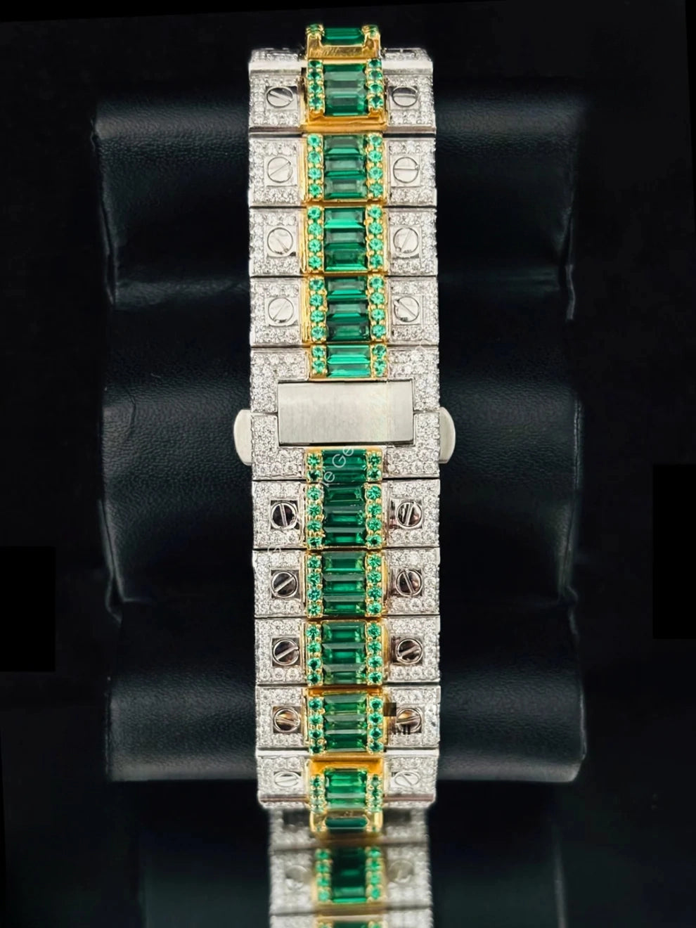 Mens Two Tone Arabic Number Green & White Moissanite Watch