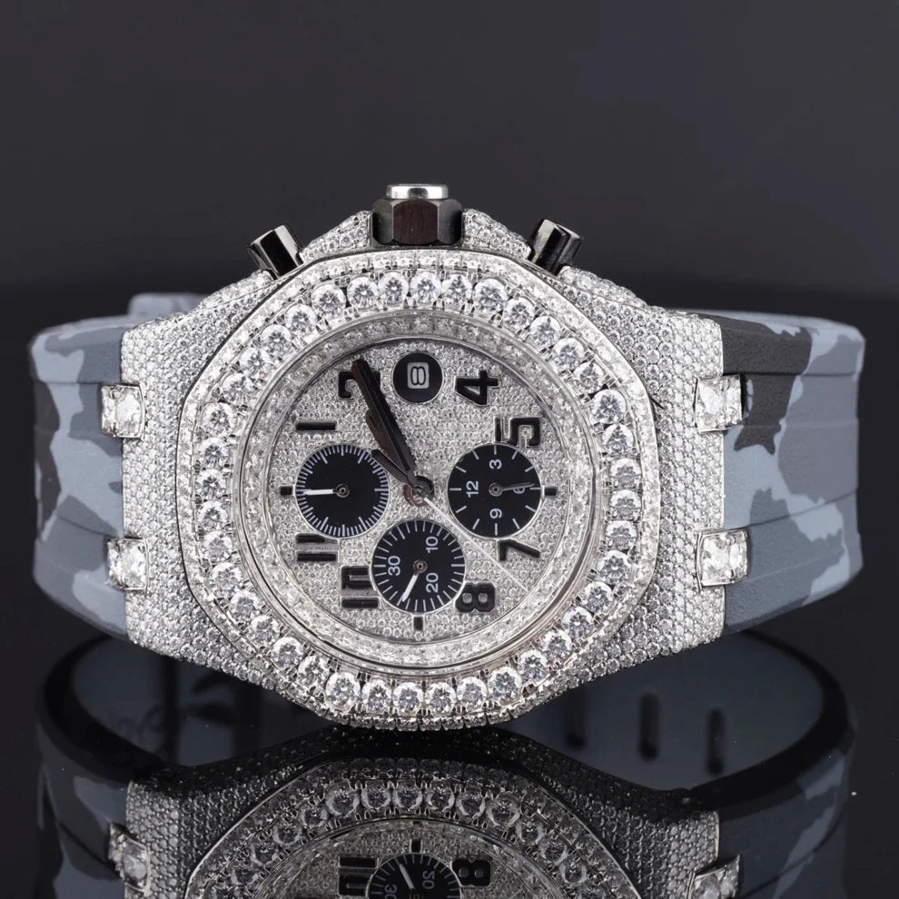 Men Diamond Watch with Grey Army Silicon Band Chronograph Working