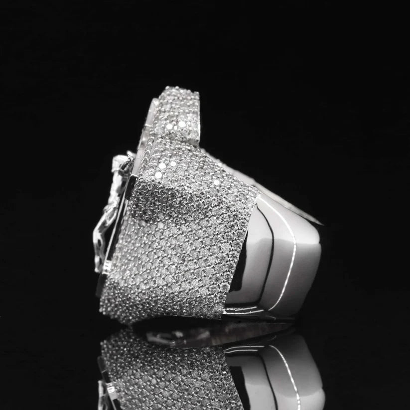 Men's silver pave diamond signet ring side view