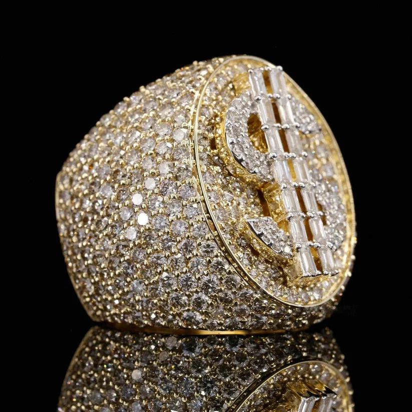 side view of the Luxurious gold diamond dollar sign statement ring for men