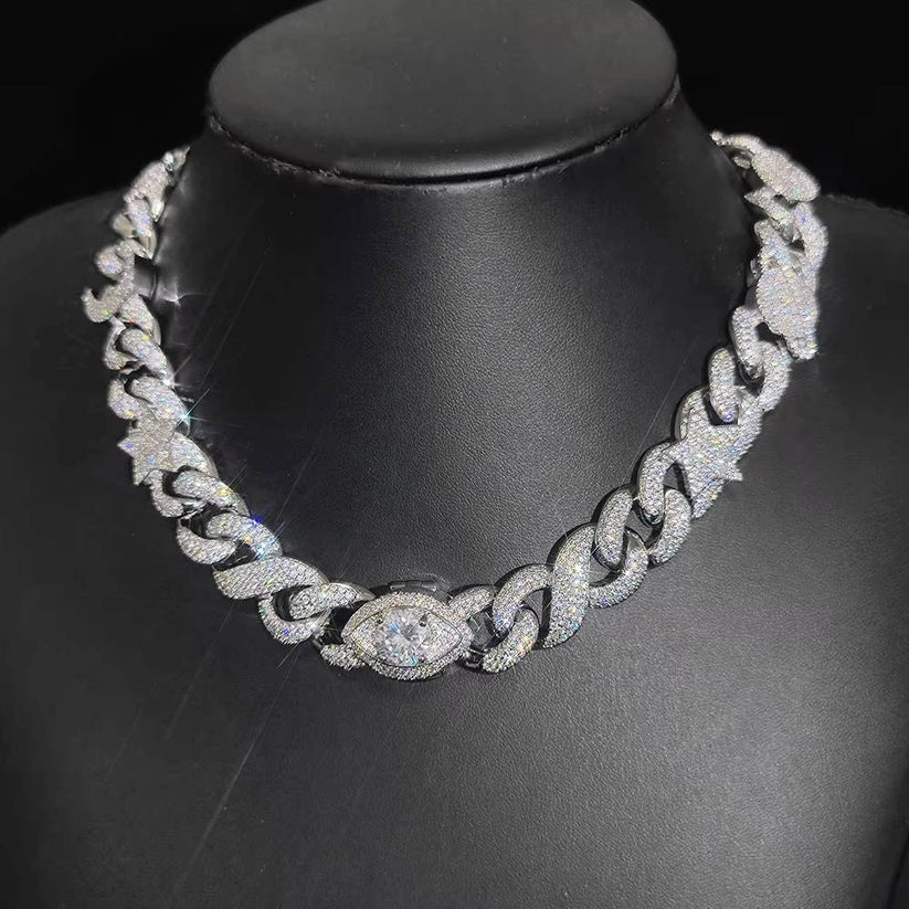Silver diamond Cuban link necklace with marquis cut center stone