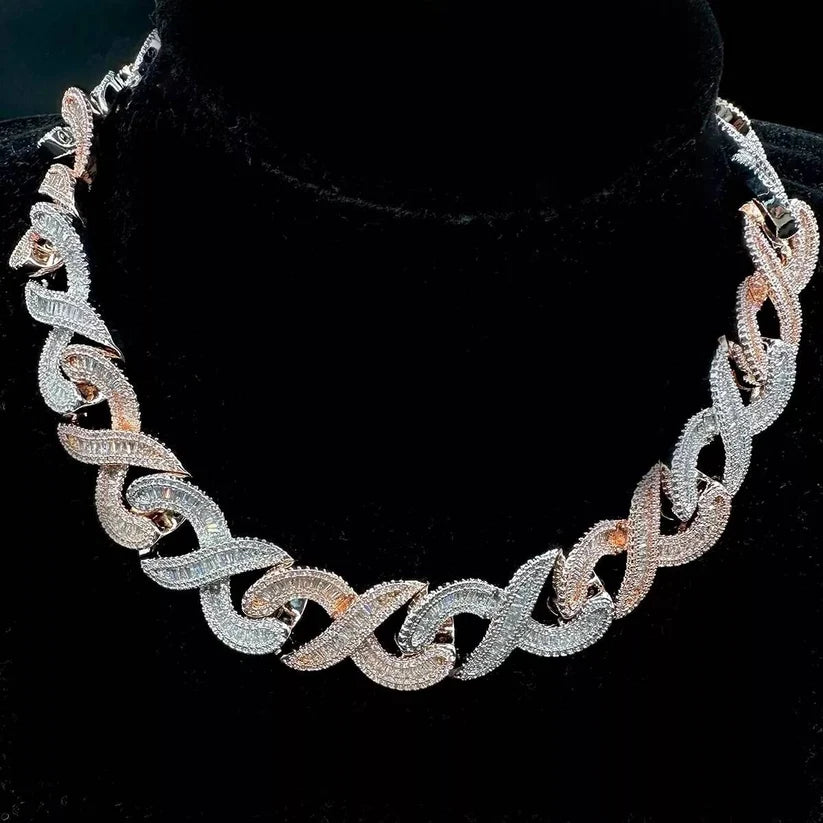 Two-tone silver and rose gold X-link choker necklace encrusted with pave diamonds