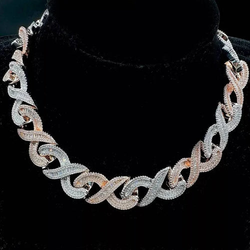 Two-tone silver and rose gold X-link choker necklace encrusted with pave diamonds
