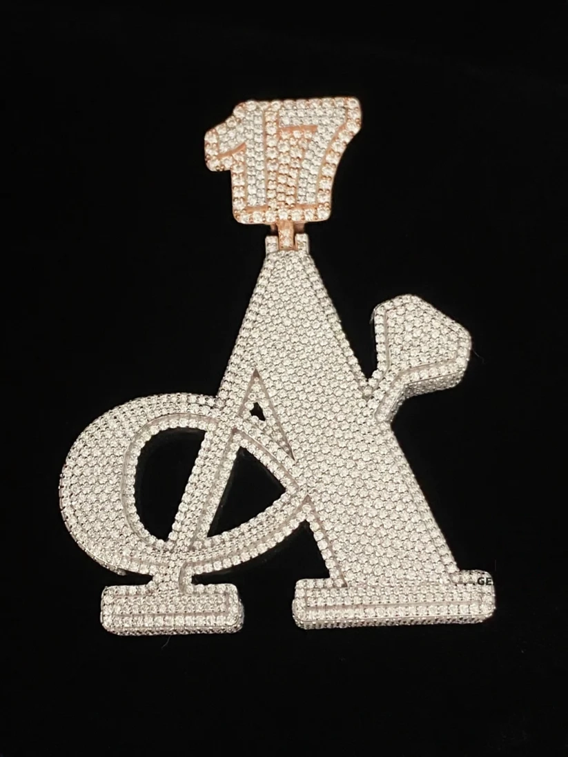front view Custom iced out letter A moissanite pendant with number 17 bail