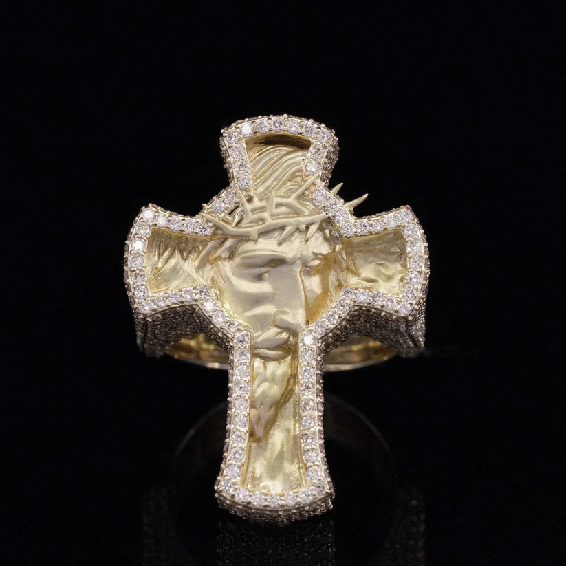 Yellow gold plated diamond cross ring featuring the face of Jesus Christ
