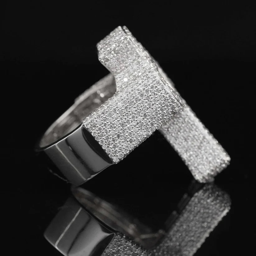 side view of the Iced-out sterling silver initial T ring paved with micro-diamonds