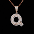 front view Diamond initial Q pendant necklace in rose gold with iced out box chain.
