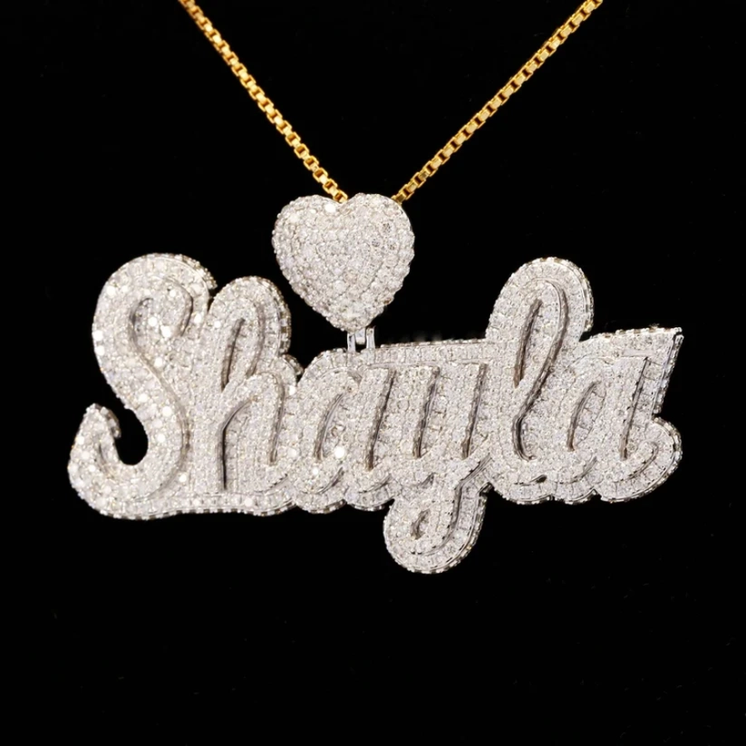 front view Custom diamond-encrusted Shayla name necklace with heart bail on a gold chain.