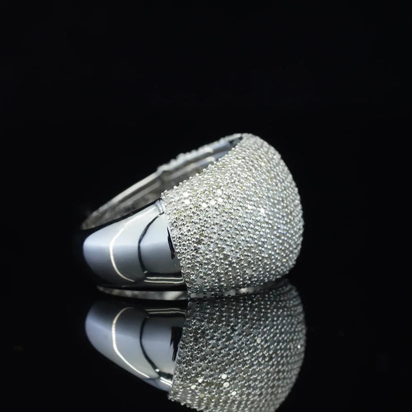 side view of the Chunky pave diamond cocktail ring with polished silver band