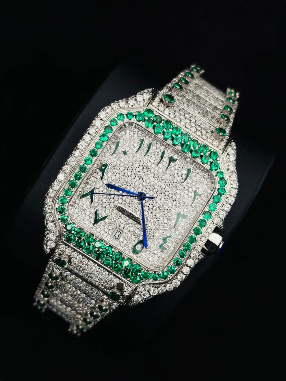 41MM Fully Iced Out White & Green Moissanite Stone Watch