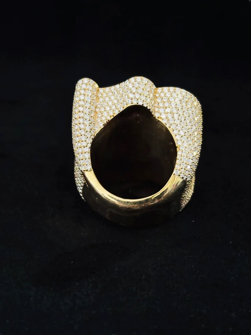 Chunky iced out A top view ring featuring micro pave diamond settings for hip hop jewelry collection.