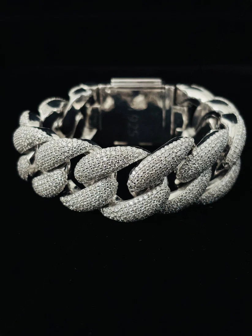 Heavy silver iced-out Cuban link bracelet with micro-pave stones and box clasp