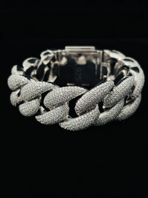 Heavy silver iced-out Cuban link bracelet with micro-pave stones and box clasp