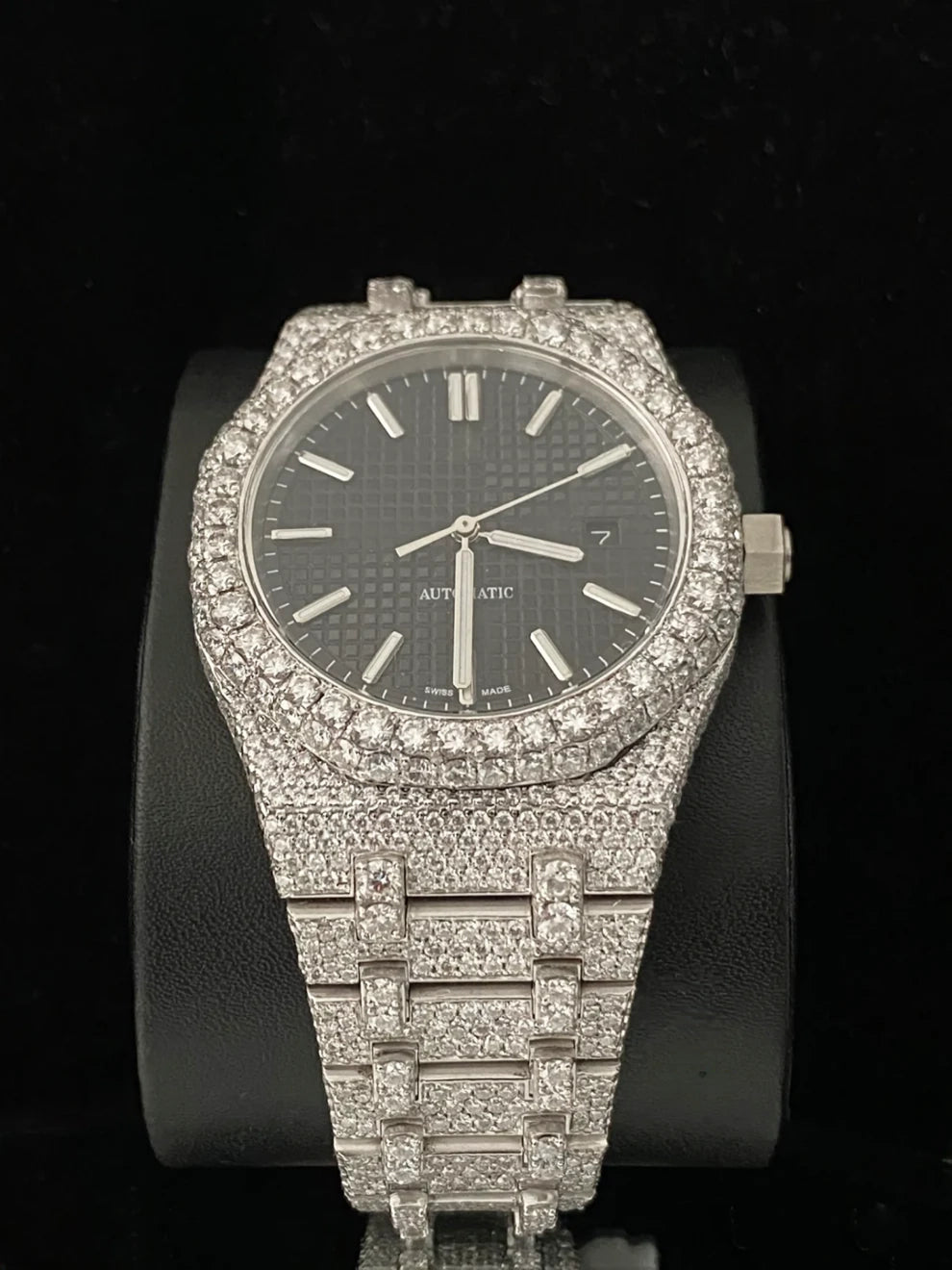 Men 41MM VVS Black Dial Fully Ice Out Moissanite Watch