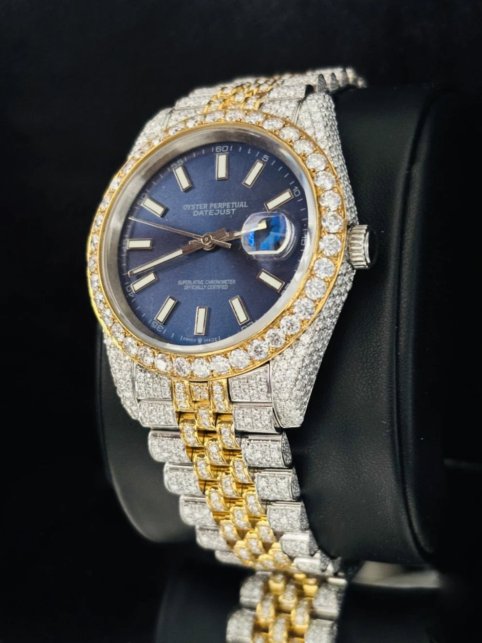 Dual Tone Blue Dial Moissanite Watch With Jubilee Belt