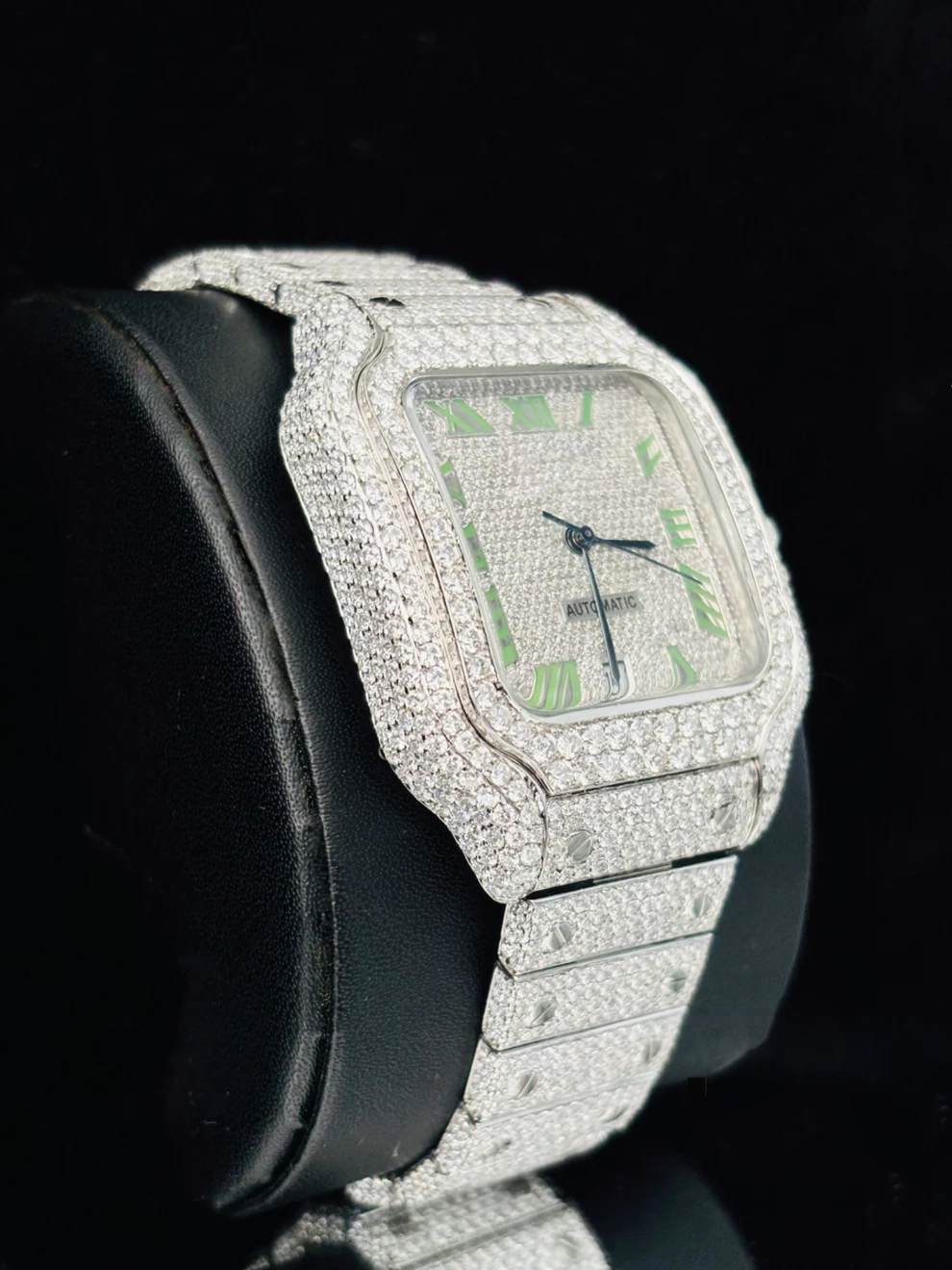 Fully Bust Down Roman Dial Stainless Steel Moissanite Watch