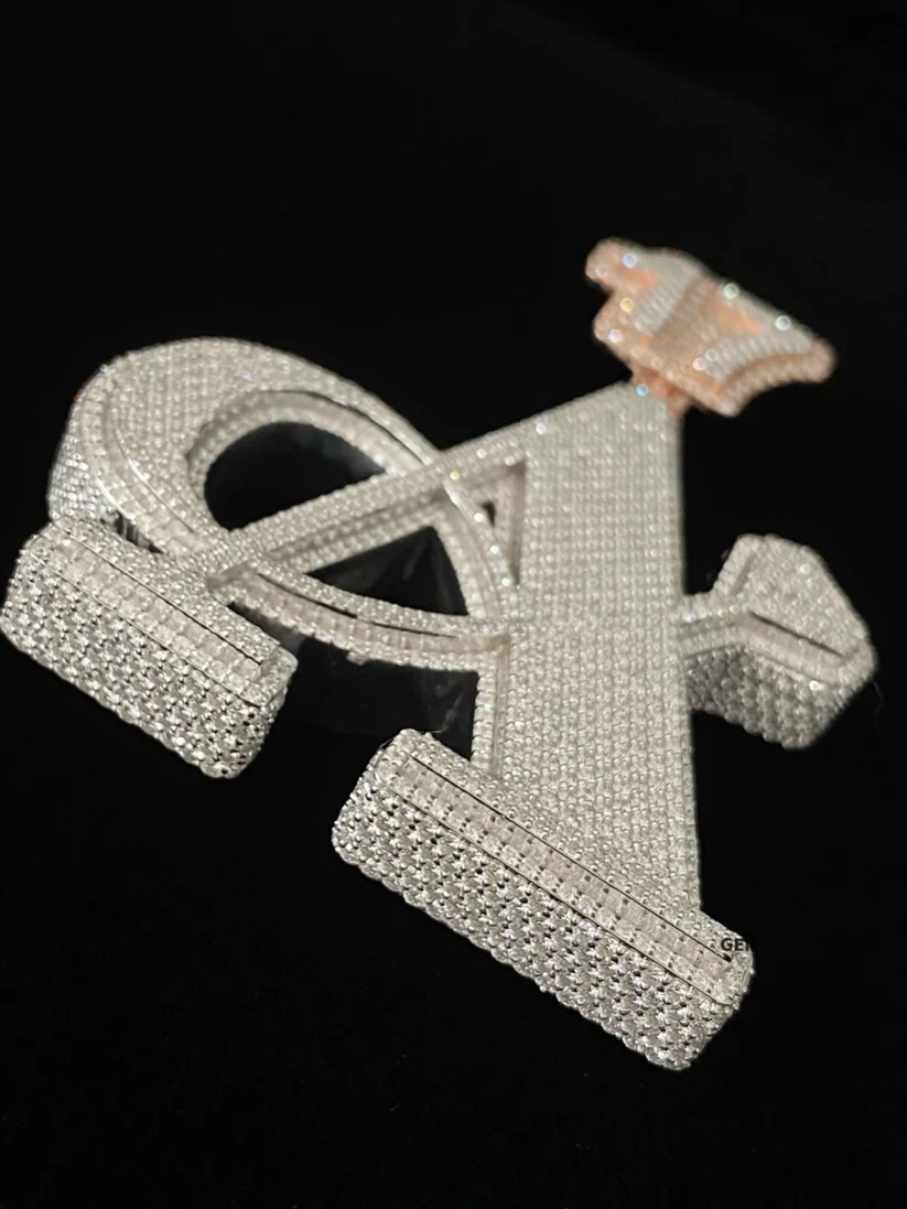 Custom 3D iced out letter A pendant in sterling silver fully paved with moissanite diamonds