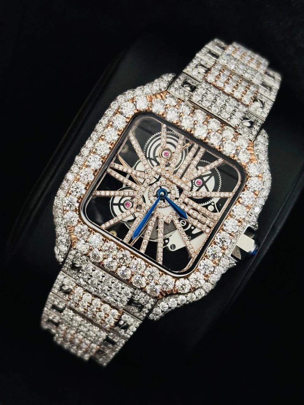 Men Dual Ton Skeleton Dial Fully Ice Out Moissanite Watch