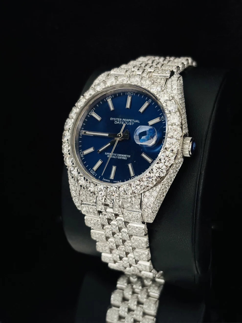 Stainless Steel Jubilee Strap Blue Dial Moissanite Watch
