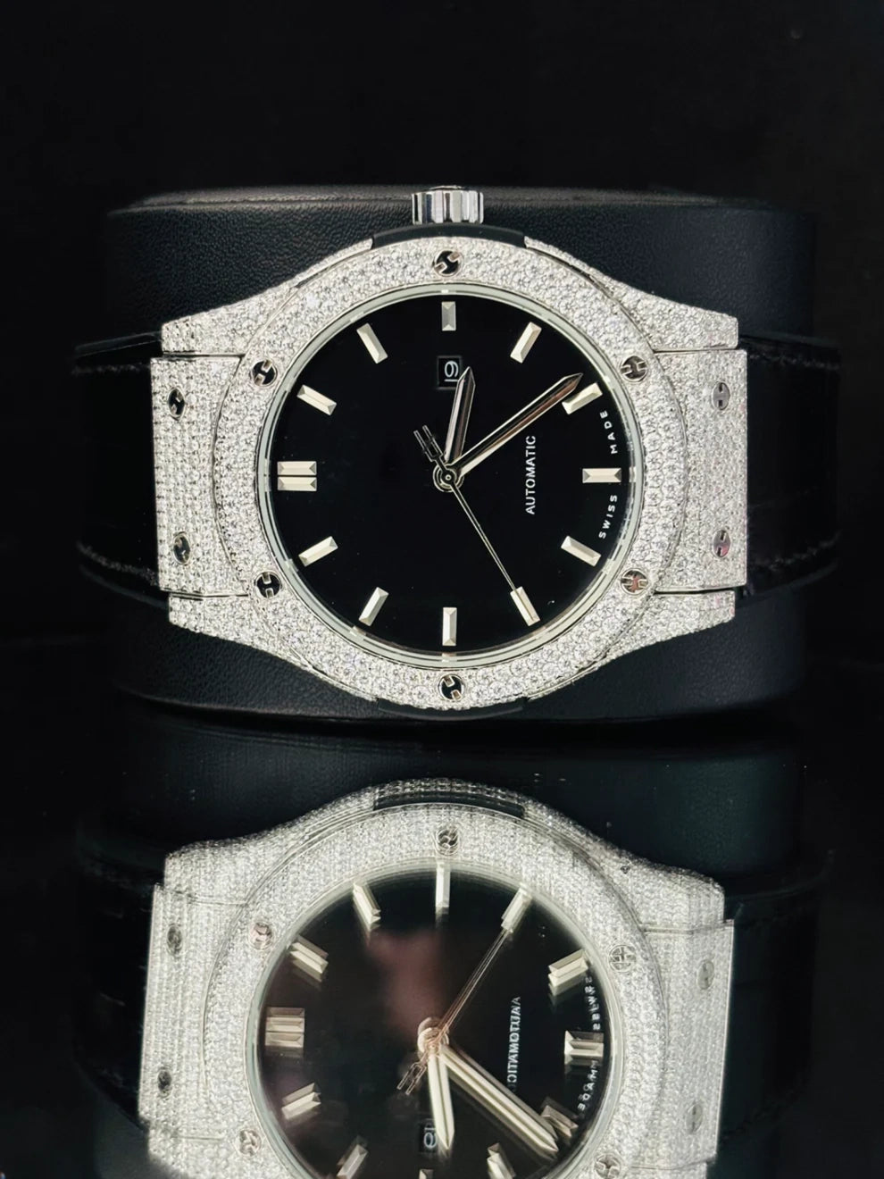 Black Dial Moissanite Wrist Watch With Black Leather Belt