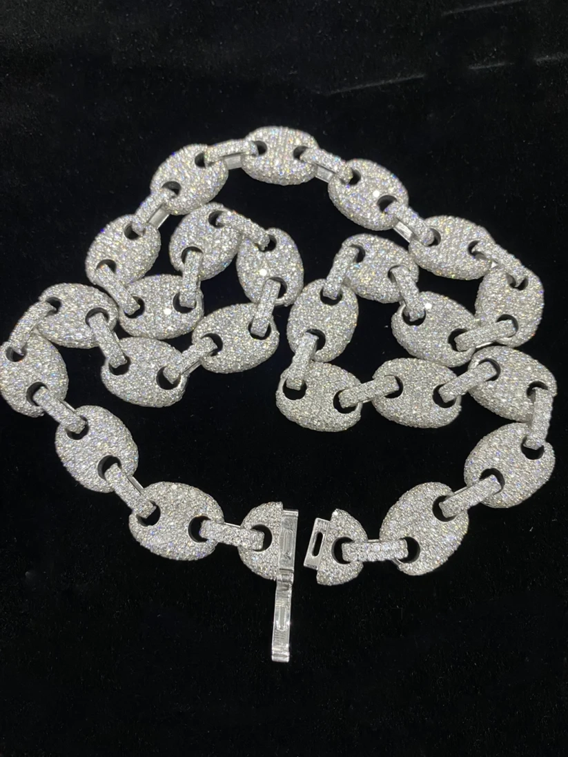 Silver Gucci link chain fully iced out with pave diamonds