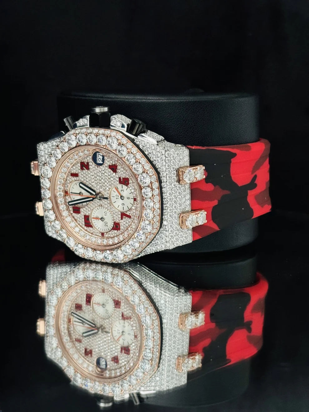 Red Army Silicon Band Multi Chronograph Moissanite Stone Watch