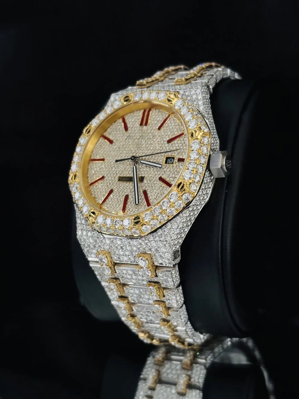 Yellow Gold Plated Red Bar Hip Hop Moissanite Watch